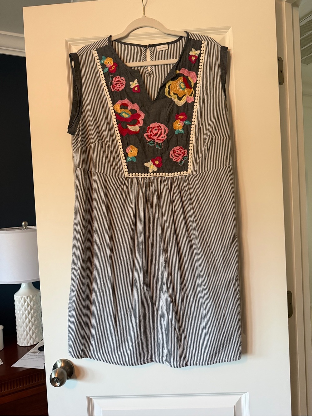 Striped Embroidered V-Neck Sundress - Blue